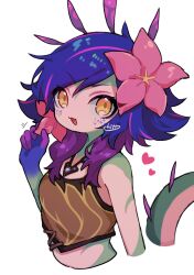 Rule 34 | 1girl, :d, bare shoulders, brown shirt, colored skin, crop top, cropped torso, dokumi, flower, green skin, hair flower, hair ornament, hand up, heart, highres, jewelry, league of legends, looking at viewer, necklace, neeko (league of legends), open mouth, orange eyes, pink flower, pink hair, purple hair, shirt, simple background, smile, solo, white background