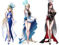Rule 34 | 3girls, absurdly long hair, absurdres, alternate costume, arm under breasts, asuna (blue archive), bare shoulders, black footwear, black hair, blonde hair, blue archive, blue dress, blue eyes, blue flower, blue footwear, blue halo, blue nails, blue ribbon, blunt bangs, breasts, bridal gauntlets, bright pupils, butterfly hair ornament, butterfly ornament, cleavage, closed mouth, clothes lift, commentary request, cross-laced footwear, dress, dress flower, earrings, evening gown, flower, full body, grin, hair behind ear, hair flower, hair ornament, hair over one eye, hair ribbon, halo, halter dress, halterneck, hand on own elbow, hand up, high heels, highres, holding own arm, jewelry, lace-up heels, large breasts, lifting own clothes, light brown hair, lineup, long dress, long hair, long legs, looking at viewer, medium breasts, multiple girls, parted lips, pelvic curtain, red eyes, red flower, ribbon, rio (blue archive), see-through, see-through cleavage, simple background, sleeveless, sleeveless dress, smile, standing, stud earrings, teeth, thighs, toki (blue archive), torrentduck, two-sided dress, two-sided fabric, v, very long hair, white background, white flower, white footwear