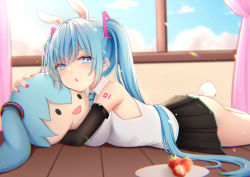 Rule 34 | 1girl, anal tail, animal ears, aqua eyes, aqua hair, arm tattoo, bare shoulders, black skirt, butt plug, detached sleeves, hugging doll, fake tail, food, fruit, hair ornament, hatsune miku, highres, long hair, looking at viewer, lying, nail polish, naisu, necktie, no pants, hugging object, on stomach, rabbit ears, skirt, strawberry, tail, tattoo, twintails, very long hair, vocaloid