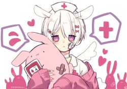 Rule 34 | 1boy, :&lt;, :3, angel wings, animal ears, baggy clothes, bandaged ear, bandaged neck, bandages, bandaid, blood, blood bag, bow, bright pupils, child, hair bow, hair ornament, holding, holding stuffed toy, male focus, needle, oosaka rei, pink eyes, pink nails, rabbit, rabbit ears, shirt, silhouette, solo, stuffed animal, stuffed rabbit, stuffed toy, sweater, white hair, white pupils, white shirt, wings