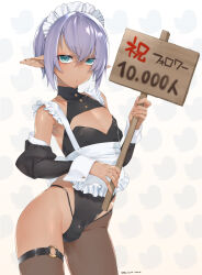 Rule 34 | 1boy, apron, armpit peek, black leotard, black panties, brown pantyhose, brown thighhighs, bulge, cleavage cutout, closed mouth, clothing cutout, commentary request, contrapposto, covered collarbone, cowboy shot, crossed bangs, dark-skinned male, dark elf, dark skin, dated, detached sleeves, ear piercing, earrings, elf, expressionless, fingernails, frilled apron, frills, green eyes, grey hair, hair between eyes, highleg, highleg leotard, highleg panties, highres, holding, holding sign, hoop earrings, jewelry, leotard, looking at viewer, maid headdress, male focus, milestone celebration, o-ring, original, panties, pantyhose, piercing, pointy ears, shiny skin, sidelocks, sign, signature, single leg pantyhose, single thighhigh, solo, standing, tawapo, thighhighs, trap, twitter logo, underwear, white apron, white background, wrist cuffs
