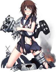Rule 34 | 10s, 1girl, blush, breasts, brown eyes, brown hair, cannon, elbow gloves, furutaka (kancolle), furutaka kai ni (kancolle), gloves, glowing, glowing eye, hair ornament, hairclip, kantai collection, kneeling, looking at viewer, mecha musume, official art, school uniform, serafuku, single elbow glove, skirt, small breasts, solo, thighhighs, torn clothes, torn thighhighs, transparent background, ugume