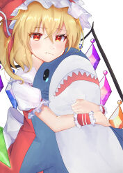 Rule 34 | 1girl, absurdres, back bow, blonde hair, blush, bow, closed mouth, collared shirt, cowboy shot, crystal, flandre scarlet, frilled shirt collar, frilled sleeves, frills, fuua (fxae3875), hair between eyes, hat, hat ribbon, highres, holding, holding stuffed toy, ikea shark, large bow, looking at viewer, medium hair, mob cap, multicolored wings, one side up, pout, puffy short sleeves, puffy sleeves, red eyes, red ribbon, red skirt, red vest, ribbon, shirt, short sleeves, simple background, skirt, skirt set, sleeve ribbon, solo, stuffed animal, stuffed shark, stuffed toy, touhou, vest, white background, white bow, white hat, white shirt, wings, wrist cuffs