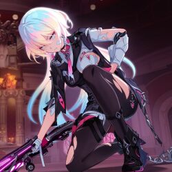 Rule 34 | 1girl, bad link, bandages, boots, grey eyes, honkai (series), honkai impact 3rd, lantern (honkai impact), multicolored hair, necktie, official art, pantyhose, solo, torn clothes, torn pantyhose, weapon