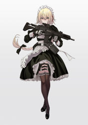 Rule 34 | 1girl, absurdres, apron, assault rifle, blonde hair, bow, braid, braided bangs, commentary, frills, full body, g36 (girls&#039; frontline), g36 (mod3) (girls&#039; frontline), girls&#039; frontline, gloves, gradient background, green eyes, gun, hair bow, highres, holding, holding gun, holding weapon, maid, maid apron, maid headdress, mod3 (girls&#039; frontline), rifle, solo, thighhighs, trigger discipline, weapon, weapon request, yitiao er-hua