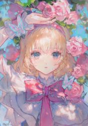 Rule 34 | alice margatroid, blonde hair, blue eyes, bug, butterfly, capelet, flower, frills, hairband, highres, insect, lolita hairband, looking at viewer, maccha (mochancc), nail polish, pink flower, pink hairband, pink nails, pink rose, rose, short hair, short sleeves, solo, touhou