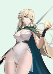 Rule 34 | 1girl, absurdres, blonde hair, braid, breasts, cleavage, cloak, dress, elf, eltolinde (unicorn overlord), eyelashes, flying burrito cat, from below, green cloak, green eyes, highres, holding, holding staff, leotard, long hair, looking at viewer, magic, medium breasts, narrow waist, pointy ears, see-through, solo, staff, thighs, twin braids, unicorn overlord, very long hair, white background