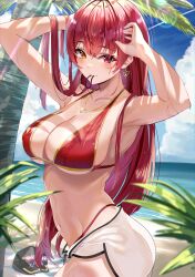Rule 34 | 1girl, absurdres, armpits, arms up, beach, bikini, bikini under clothes, bikini under shorts, blush, breasts, earrings, gold earrings, hair tie, hair tie in mouth, hands up, heart, heart earrings, heterochromia, highres, hololive, houshou marine, houshou marine (summer), jewelry, large breasts, leaf, long hair, looking at viewer, mouth hold, navel, palm tree, puripuri, red bikini, red eyes, red hair, shorts, single earring, solo, string bikini, swimsuit, tree, virtual youtuber, water, white shorts, yellow eyes
