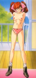 Rule 34 | 1990s (style), 1girl, arms behind back, asahina yurina, blush, boots, bow, bow panties, breasts, closed eyes, day, full body, long hair, medium breasts, navel, nipples, non-web source, official art, panties, pink panties, red hair, retro artstyle, solo, standing, super real mahjong, tanaka ryou, topless, twintails, underwear