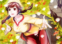 Rule 34 | 1girl, braid, breasts, brown eyes, brown hair, chinese clothes, day, earrings, floral background, floral print, flower, grass, jewelry, kusu (moo1225), leaning forward, ling shen hua, lips, looking away, open hands, open mouth, outdoors, pants, petals, red pants, red sash, rock, sash, sega, shenmue, shenmue iii, shirt, signature, smile, solo, twin braids, yellow headwear, yellow shirt