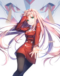Rule 34 | 10s, 2girls, a-1 pictures, black pantyhose, darling in the franxx, green eyes, long hair, looking at viewer, multiple girls, pantyhose, pink hair, red eyes, roang, strelizia, thighhighs, trigger (company), zero two (darling in the franxx)
