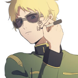 Rule 34 | 1boy, blonde hair, blue eyes, char aznable, closed mouth, drawing on own face, gundam, holding, holding marker, kimi no na wa., long sleeves, male focus, marker, military uniform, mobile suit gundam, mobile suit gundam the origin, parody, scene reference, short hair, simple background, solo, sunglasses, tira zhang, uniform, upper body, white background