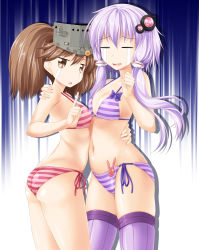 Rule 34 | 10s, 2girls, :&lt;, ass, bikini, breast conscious, breasts, brown eyes, brown hair, cleavage, closed eyes, crossover, crying, flat ass, flat chest, frown, gradient background, headset, highres, kamiya tomoe, kantai collection, light purple hair, long hair, looking at viewer, multiple girls, navel, open mouth, purple bikini, purple eyes, purple legwear, red bikini, ryuujou (kancolle), short hair with long locks, side-tie bikini bottom, small breasts, streaming tears, striped bikini, striped clothes, swimsuit, tears, thighhighs, truth, twintails, vocaloid, voiceroid, yuzuki yukari