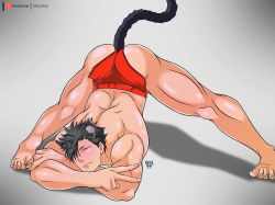 Rule 34 | 1boy, animal ears, arm rest, artist name, ass, bara, black hair, cat boy, cat ears, cat tail, dolphin shorts, flexible, full body, haikyuu!!, highres, jack-o&#039; challenge, kuroo tetsurou, looking at viewer, male focus, meme, muscular, muscular male, patreon logo, patreon username, red shorts, topless male, short hair, short shorts, shorts, simple background, solo, spicy kiki, spiked hair, spread legs, stretching, tail, thick thighs, thighs, top-down bottom-up, v, wide spread legs