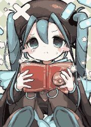 Rule 34 | 1girl, bandaid, blue hair, blue wings, blush, blush stickers, book, brown dress, brown headwear, brown necktie, brown pantyhose, bug miku (project voltage), commentary, creatures (company), dress, fake wings, frown, game freak, hair between eyes, hair through headwear, hands up, hatsune miku, highres, holding, holding book, long hair, long sleeves, looking at viewer, necktie, nintendo, open book, pantyhose, pokemon, pokopokotarou1, project voltage, shoe soles, sitting, solo, star (symbol), symbol-only commentary, tearing up, twintails, very long hair, vocaloid, wings