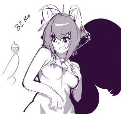 Rule 34 | 1girl, acorn, animal ears, antenna hair, arc system works, balancing, blazblue, breasts, completion time, crop top, disembodied penis, makoto nanaya, monochrome, nipple slip, nipples, penis, puffy nipples, sho-n-d, short hair, solo, solo focus, squirrel ears, squirrel tail, tail, underboob