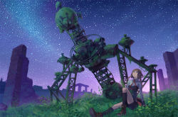 Rule 34 | 1girl, arm support, black socks, black shorts, blue eyes, boots, brown footwear, brown hair, closed mouth, collared shirt, grass, hiko (scape), kneehighs, long hair, long sleeves, looking up, moss, night, original, outdoors, ruins, shirt, shorts, sitting, sky, smile, socks, solo, star (sky), starry sky, telescope, wing collar