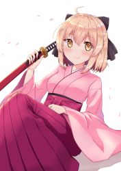 Rule 34 | 1girl, ahoge, black ribbon, blonde hair, fate/grand order, fate (series), hair ribbon, hakama, hakama skirt, half updo, highres, holding, holding sword, holding weapon, japanese clothes, katana, kimono, koha-ace, okita souji (fate), okita souji (koha-ace), pink kimono, profnote, red hakama, ribbon, scabbard, sheath, sheathed, simple background, skirt, smile, solo, sword, weapon, white background, wide sleeves, yellow eyes