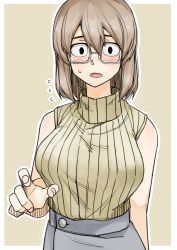 Rule 34 | 1girl, absurdres, black eyes, blush, breasts, brown hair, brown sweater, eyebrows, flying sweatdrops, glasses, highres, large breasts, looking at viewer, original, parted lips, short hair, sleeveless, solo, sweatdrop, sweater, tadd (tatd), turtleneck, turtleneck sweater, upper body