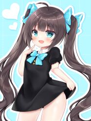 Rule 34 | 1girl, :d, ahoge, bad anatomy, black dress, blue background, blue bow, blue eyes, blush, bow, breasts, brown hair, collared shirt, commission, dress, fang, hair bow, hand up, heart, long hair, looking at viewer, open mouth, original, outline, puffy short sleeves, puffy sleeves, shikito (yawa0w0), shirt, short sleeves, skeb commission, small breasts, smile, solo, standing, twintails, very long hair, white outline, white shirt
