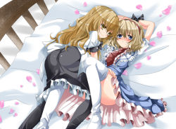 Rule 34 | 2girls, alice margatroid, arms up, bad id, bad pixiv id, bdsm, bed, bed sheet, blonde hair, blue eyes, blush, bondage, bound, bound wrists, female focus, femdom, frills, girl on top, hairband, hand on another&#039;s thigh, hand on thigh, kirisame marisa, long hair, lying, multiple girls, nanase nao, naughty face, petals, short hair, smile, thighhighs, touhou, yellow eyes, yuri