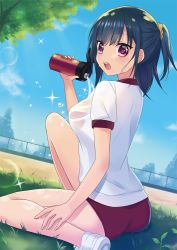 Rule 34 | 1girl, ass, black hair, blue sky, bottle, breasts, buruma, cloud, day, dutch angle, grass, gym uniform, hair ornament, hair scrunchie, holding, holding bottle, kawachi 306, light rays, looking at viewer, looking back, medium breasts, moe2017, open mouth, original, outdoors, ponytail, pouring, purple eyes, scrunchie, see-through, shirt, shoes, short sleeves, sitting, sky, sneakers, solo, sparkle, sunlight, sweat, teeth, thighs, tree, water bottle, white shirt