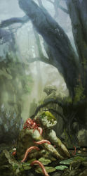 Rule 34 | 1girl, absurdres, bad id, bad pixiv id, fantasy, forest, snake hair, green theme, highres, hong yun ji, lamia, lily pad, monster girl, moss, nature, original, scenery, sleeping, statue, tentacles
