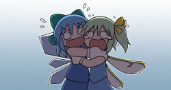 Rule 34 | 2girls, :o, blue background, blue hair, blue skirt, blue vest, bow, cirno, commentary request, cowboy shot, daiyousei, fairy wings, flying sweatdrops, gradient background, green bow, green hair, hair bow, hug, ice, ice wings, multiple girls, o o, open mouth, puffy short sleeves, puffy sleeves, rakugaki-biyori, scared, shadow, shirt, short hair, short sleeves, side ponytail, simple background, skirt, skirt set, touhou, v-shaped eyebrows, vest, white shirt, wings, yellow bow