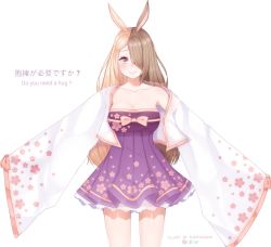 Rule 34 | 1girl, animal ears, artist name, bare shoulders, blonde hair, bow, breasts, brown hair, cleavage, closed mouth, collarbone, commentary, cowboy shot, cropped jacket, deviantart logo, dress, english text, floral print, frills, hair over one eye, highres, instagram logo, large breasts, long hair, long sleeves, looking at viewer, multicolored hair, off shoulder, original, pleated dress, puppypaww, purple dress, rabbit ears, simple background, sleeveless, sleeveless dress, sleeves past wrists, smile, solo, split-color hair, strapless, strapless dress, twitter logo, two-tone hair, very long hair, white background, wide sleeves