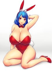 Rule 34 | 1girl, absurdres, animal ears, arm up, armpits, bare shoulders, blue hair, bow, bowtie, breasts, bursting breasts, cleavage, commentary, curvy, detached collar, english commentary, erkaz, fake animal ears, female focus, full body, high heels, highres, huge breasts, leotard, looking at viewer, neck ribbon, original, playboy bunny, rabbit ears, rabbit tail, red bow, red eyes, red footwear, red leotard, ribbon, rina atherina, shiny clothes, shiny skin, sidelocks, sitting, skin tight, skindentation, solo, tail, thick thighs, thighs, wrist cuffs