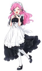 Rule 34 | 1girl, :d, apron, black dress, black footwear, blue eyes, blush, character request, copyright request, dot nose, dress, full body, high heels, highres, long hair, looking at viewer, maid, maid apron, maid headdress, mary janes, one eye closed, open mouth, own hands together, pantyhose, pink hair, puffy short sleeves, puffy sleeves, sekina, shoes, short sleeves, smile, solo, standing, standing on one leg, white pantyhose