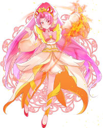 Rule 34 | 1girl, akagi towa, bow, brooch, choker, closed mouth, cure scarlet, cure scarlet (grand princess), dress, earrings, fire, full body, go! princess precure, highres, jewelry, legs apart, long hair, looking at viewer, magical girl, mitumi mira, parted bangs, pink bow, pink hair, pointy ears, precure, red eyes, red footwear, shoes, smile, solo, standing, white background, white choker, yellow dress