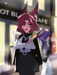 Rule 34 | animal ears, artist name, belt, bird girl, black coat, business casual, coat, credit card, dress pants, english text, eyeshadow, facial mark, feathers, highres, holding, holding feather, jewelry, k/da (league of legends), league of legends, lip piercing, long hair, makeup, necklace, piercing, red eyeshadow, red hair, silver chain, teddy teddd, xayah, yellow eyes