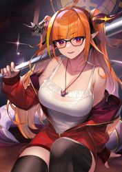 Rule 34 | 1girl, absurdres, ahoge, bare shoulders, baseball bat, black-framed eyewear, black ribbon, black thighhighs, blonde hair, blunt bangs, bow, breasts, bright pupils, camisole, cleavage, collarbone, commentary request, diagonal-striped bow, dragon girl, dragon horns, dragon tail, emblem, fangs, feet out of frame, frilled camisole, frills, glasses, glint, hair intakes, hair ribbon, highres, holding, holding baseball bat, hololive, horn bow, horn ornament, horns, indoors, jacket, jewelry, kiryu coco, kiryu coco (loungewear), large breasts, light blush, long hair, long sleeves, looking at viewer, metal baseball bat, multicolored eyes, multicolored hair, nalai, off shoulder, official alternate costume, on table, open clothes, open jacket, orange hair, over shoulder, parted lips, partially unzipped, pendant, pointy ears, purple eyes, red eyes, red jacket, ribbon, see-through, sidelocks, sitting, sitting on table, skin fangs, sleeves past wrists, smile, solo, spaghetti strap, sparkle, streaked hair, striped, striped bow, table, tail, thighhighs, track jacket, twintails, virtual youtuber, weapon, weapon over shoulder, white camisole, zipper, zipper pull tab
