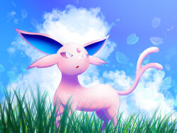 Rule 34 | animal focus, blue eyes, blue sky, blush, cloud, colored sclera, creatures (company), day, espeon, falling petals, forehead jewel, forked tail, game freak, gem, gen 2 pokemon, grass, highres, leg up, looking to the side, looking up, nintendo, no humans, open mouth, outdoors, petals, pokemon, pokemon (creature), purple sclera, red gemstone, sky, solo, standing, tail, uoxvt