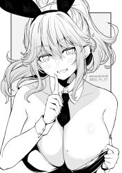 Rule 34 | 1girl, animal ears, bare shoulders, blush, breasts, cleavage, clenched teeth, collarbone, commentary request, dated, detached collar, fake animal ears, grey background, greyscale, hair between eyes, highres, index finger raised, kichihachi, large breasts, leotard, long hair, looking at viewer, mole, mole on breast, monochrome, necktie, original, playboy bunny, ponytail, rabbit ears, short hair, simple background, smile, solo, teeth, traditional media, twitter username, two-tone background, upper body, white background