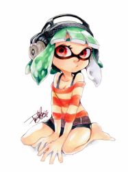 Rule 34 | 1girl, arm support, artist name, bike shorts, black shorts, blunt bangs, breasts, cleavage, closed mouth, full body, green hair, headphones, inkling, inkling girl, inkling player character, isamu-ki (yuuki), long sleeves, looking at viewer, marker (medium), nintendo, off-shoulder shirt, off shoulder, red eyes, red shirt, shirt, shirt strap, short hair, shorts, signature, simple background, sitting, small breasts, solo, splatoon (series), splatoon 2, striped clothes, striped shirt, tentacle hair, traditional media, wariza, white background