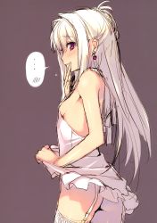 Rule 34 | ..., 1girl, absurdres, ass, blush, breasts, clothes lift, dress, dress lift, earrings, from side, garter straps, hand to own mouth, highres, jewelry, lifted by self, long hair, no panties, non-web source, original, parted lips, profile, purple eyes, scan, short dress, sideboob, sidelocks, simple background, sketch, small breasts, solo, spoken blush, spoken ellipsis, tatami to hinoki, thighhighs, white dress, white hair, white thighhighs