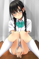 Rule 34 | 1girl, between legs, black-framed eyewear, black eyes, black hair, blush, bow, braid, closed mouth, collared shirt, commentary request, covering privates, covering crotch, curtains, dress shirt, feet out of frame, fingernails, glasses, green bow, hand between legs, head tilt, highres, kneehighs, knees together feet apart, looking at viewer, low twintails, matsunaga kouyou, on floor, original, pleated skirt, shirt, short sleeves, skirt, socks, solo, transparent, twin braids, twintails, white shirt, white skirt, white socks, wooden floor