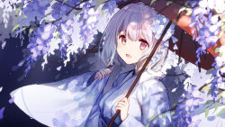 Rule 34 | 1girl, :d, bison cangshu, commentary request, flower, gridman universe, hair between eyes, hands up, holding, holding umbrella, japanese clothes, kimono, long sleeves, looking at viewer, obi, oil-paper umbrella, open mouth, pink hair, purple flower, red eyes, red umbrella, sash, shinjou akane, sleeves past fingers, sleeves past wrists, smile, solo, ssss.gridman, umbrella, upper body, white kimono, wide sleeves, wisteria