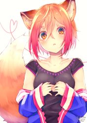 Rule 34 | 1girl, animal ear fluff, animal ears, black shirt, blue jacket, blush, brown hair, chita (ketchup), collarbone, commentary request, fox ears, fox girl, fox tail, gradient hair, hair between eyes, head tilt, heart, highres, jacket, long sleeves, multicolored hair, off shoulder, open clothes, open jacket, original, parted lips, red eyes, red hair, shirt, short eyebrows, short hair, short sleeves, signature, simple background, sleeves past wrists, solo, tail, thick eyebrows, white background, wide sleeves
