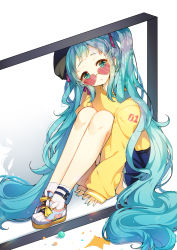 Rule 34 | 1girl, aqua nails, bad id, bad pixiv id, black hat, blue footwear, blue hair, blue skirt, closed mouth, commentary request, fingernails, green eyes, hat, hatsune miku, head tilt, heart, heart-shaped eyewear, long hair, long sleeves, looking at viewer, looking over eyewear, looking over glasses, nail polish, pink-tinted eyewear, pink-tinted glasses, pleated skirt, puffy long sleeves, puffy sleeves, ribbed legwear, shadow, shoes, sidelocks, skirt, sleeves past wrists, socks, solo, sunglasses, sweater, tinted eyewear, tp (kido 94), twintails, very long hair, vocaloid, white background, white socks, yellow sweater