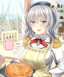 Rule 34 | 1girl, apple pie, apron, beret, blue eyes, breasts, chair, coffee, coffee pot, collared shirt, curtains, day, epaulettes, failure penguin, fence, flower, frilled sleeves, frills, gloves, grey shirt, hat, highres, jacket, kantai collection, kashima (kancolle), kerchief, large breasts, long hair, long sleeves, looking at viewer, military, military jacket, military uniform, neckerchief, ocean, open mouth, oven mitts, plant, plate, red neckerchief, rose, sabakuomoto, shirt, sidelocks, silver hair, smile, solo, sugar cube, sunlight, table, tray, tsurime, twintails, uniform, upper body, wavy hair, white jacket