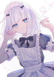 Rule 34 | 1girl, apron, black bow, black bowtie, blue eyes, blunt bangs, bow, bowtie, commentary request, dress, frilled apron, frills, headdress, highres, looking at viewer, maid apron, maid headdress, nail polish, necojishi, partial commentary, pink nails, project sekai, short hair, simple background, solo, white background, white hair, yoisaki kanade