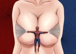 Rule 34 | 1boy, 1girl, accidental pervert, arata x3ku, blue background, breasts, bursting breasts, head out of frame, huge breasts, marvel, meme, original, parody, red background, silk, size difference, spider-man, view between breasts