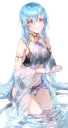 Rule 34 | 1girl, absurdres, arm tattoo, armlet, bare shoulders, black bra, black panties, blue hair, blue skirt, bra, breasts, choker, commentary, cowboy shot, cupping hands, english commentary, eshineko, hair between eyes, halterneck, highres, light smile, long hair, looking afar, midriff, miniskirt, mixed-language commentary, multi-strapped bra, multiple straps, original, own hands together, panties, pink eyes, revealing clothes, see-through, shawl, side slit, sitting, sketch, skirt, soaking feet, solo, tattoo, underwear, very long hair, water, wet, wet clothes, wet hair, white background