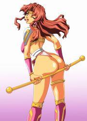 Rule 34 | 1990s (style), 1girl, ass, ass support, breasts, brown eyes, brown hair, choujin gakuen gowcaizer, earrings, highres, jewelry, long hair, looking at viewer, looking back, nail polish, one eye closed, open mouth, panties, retro artstyle, ruyi jingu bang, smile, solo, son karin, stick, underwear, white panties, wink