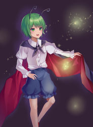 Rule 34 | 1girl, :d, absurdres, antennae, blue shorts, breasts, bug, cape, firefly, foot out of frame, green eyes, green hair, hand on own hip, highres, insect, juliet sleeves, koizumo, long sleeves, looking ahead, open mouth, outstretched arm, puffy sleeves, shirt, short hair, shorts, small breasts, smile, solo, standing, standing on one leg, swept bangs, teeth, touhou, upper teeth only, white shirt, wing collar, wriggle nightbug