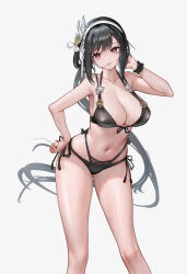 Rule 34 | 1girl, absurdres, azur lane, bikini, black bikini, black hair, breasts, chen hai (azur lane), cleavage, commission, feet out of frame, hair in own mouth, hair ornament, hand on own hip, highres, large breasts, long hair, navel, pixiv commission, scrunchie, solo, swimsuit, very long hair, white background, wrist scrunchie, yellow eyes, yoyoleaf