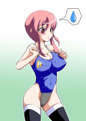 Rule 34 | 1girl, breasts, competition swimsuit, covered erect nipples, highleg, highleg swimsuit, kaihansen, large breasts, one-piece swimsuit, original, pink hair, red eyes, short hair, solo, sweatdrop, swimsuit, thighhighs